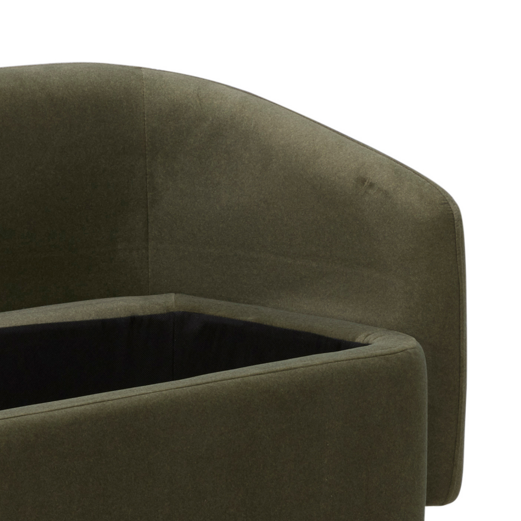 Banc de rangement capitonné en velours mat vert forêt – Couvercle amovible, cadre en bois