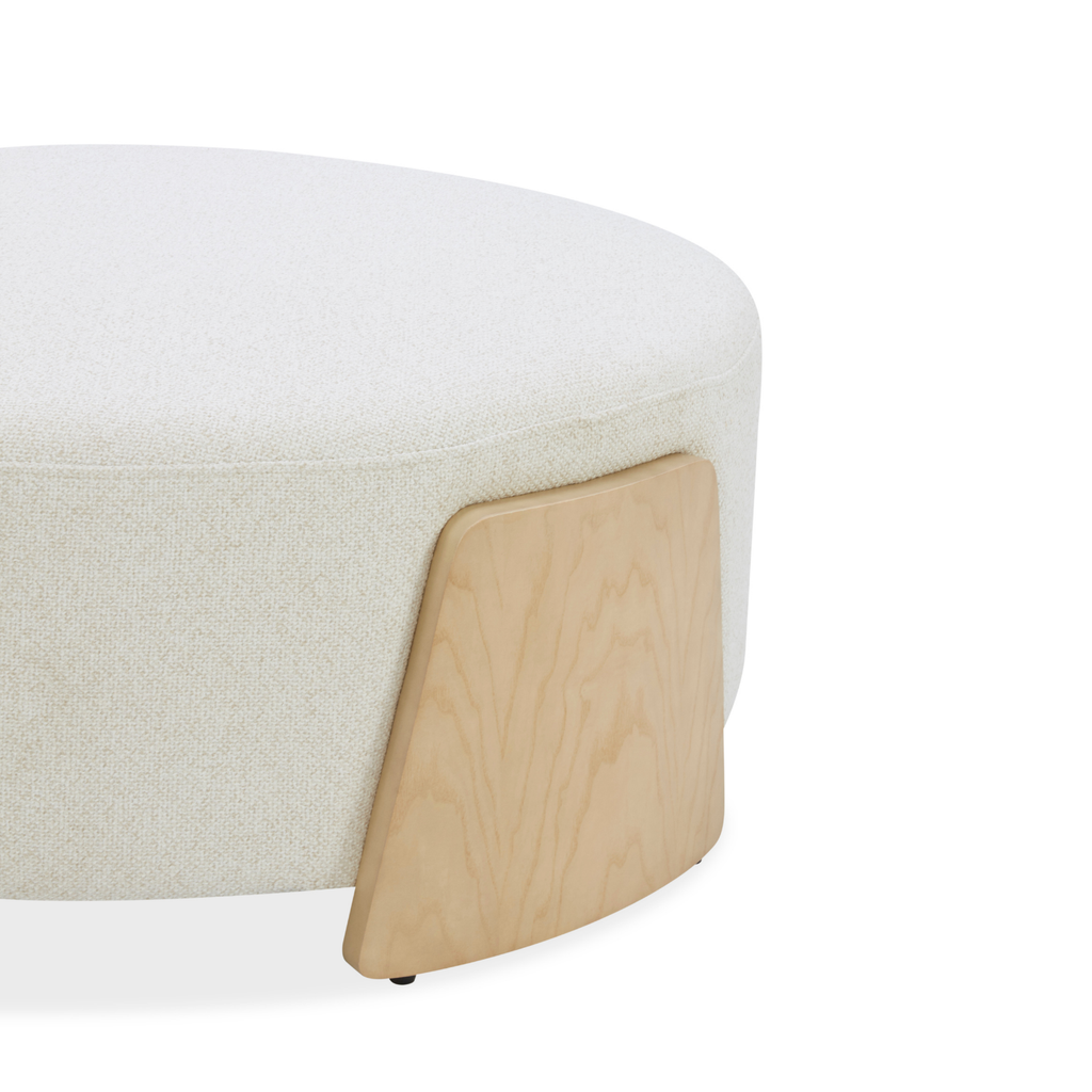 Pouf rond en lin tissé ivoire - Base en bois naturel, multifonctionnel