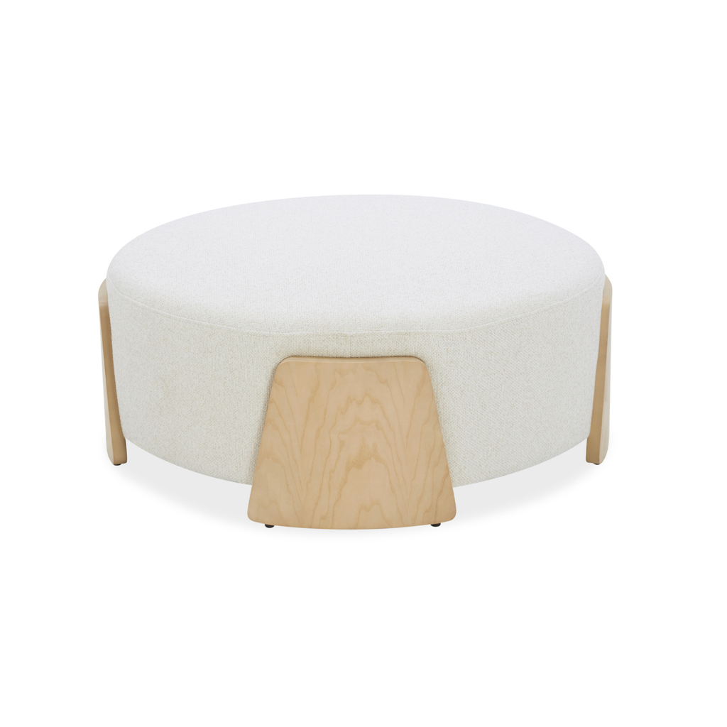Pouf rond en lin tissé ivoire - Base en bois naturel, multifonctionnel