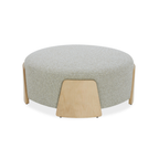 Pouf rond en tissu tissé vert mousse - Base en bois naturel, Multiusage