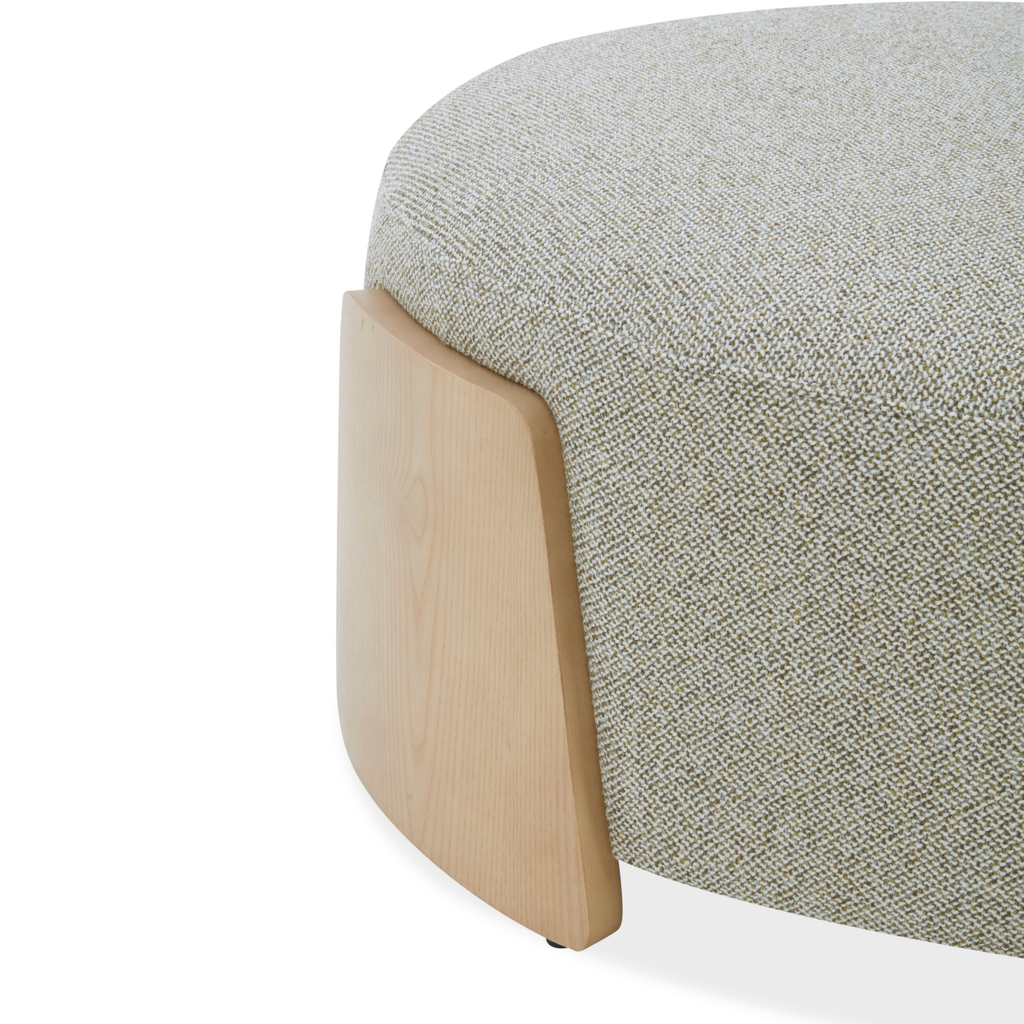 Pouf rond en tissu tissé vert mousse - Base en bois naturel, Multiusage