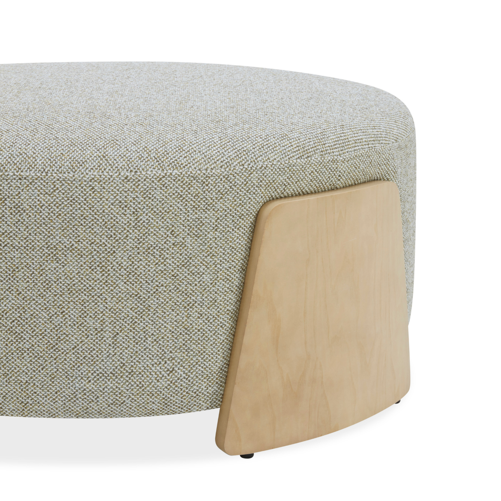 Pouf rond en tissu tissé vert mousse - Base en bois naturel, Multiusage