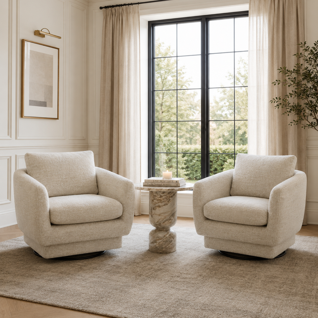 Fauteuil pivotant compact en tissu sable - Cadre en bois, mousse haute densité