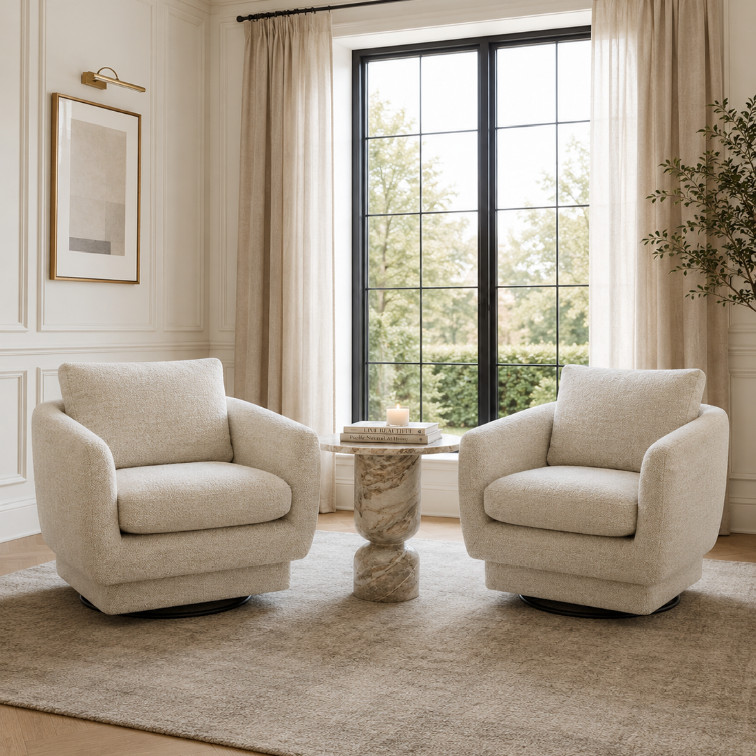 Fauteuil pivotant compact en tissu sable - Cadre en bois, mousse haute densité