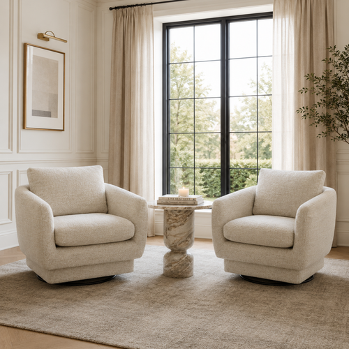 Fauteuil pivotant compact en tissu sable - Cadre en bois, mousse haute densité