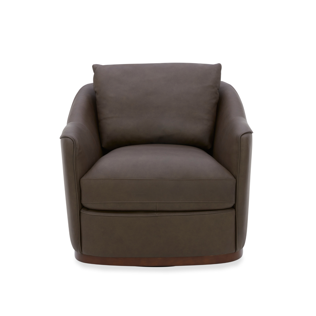 Fauteuil pivotant en cuir chocolat - Silhouette structurée, cadre en bois