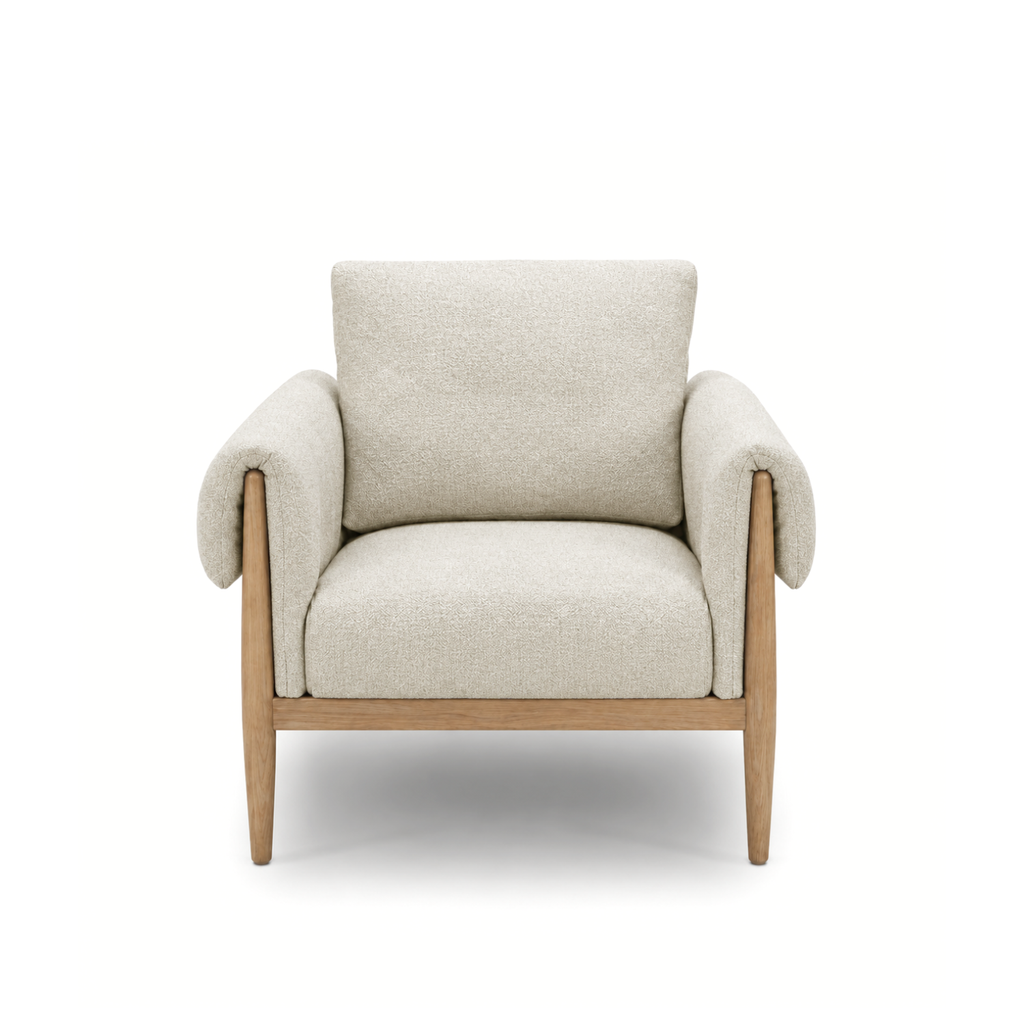 Fauteuil scandinave en polyester texturé lin – Piètement en chêne, coussin déhoussable