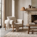 Fauteuil scandinave en polyester texturé lin – Piètement en chêne, coussin déhoussable