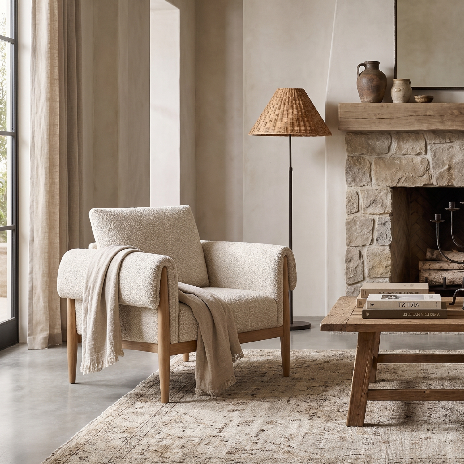 Fauteuil scandinave en polyester texturé lin – Piètement en chêne, coussin déhoussable