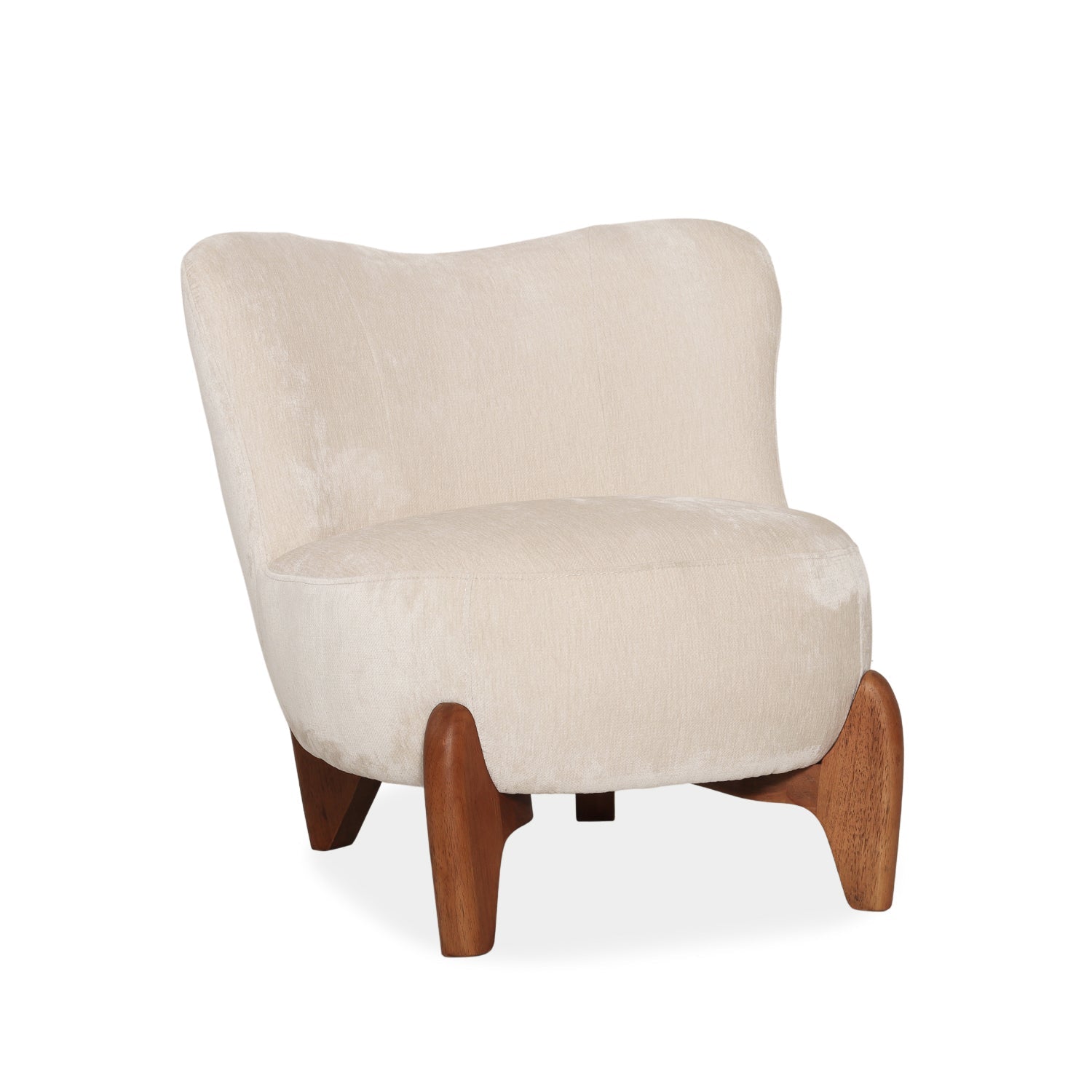 Fauteuil d'appoint sculptural en velours ivoire - Piètement en bois massif