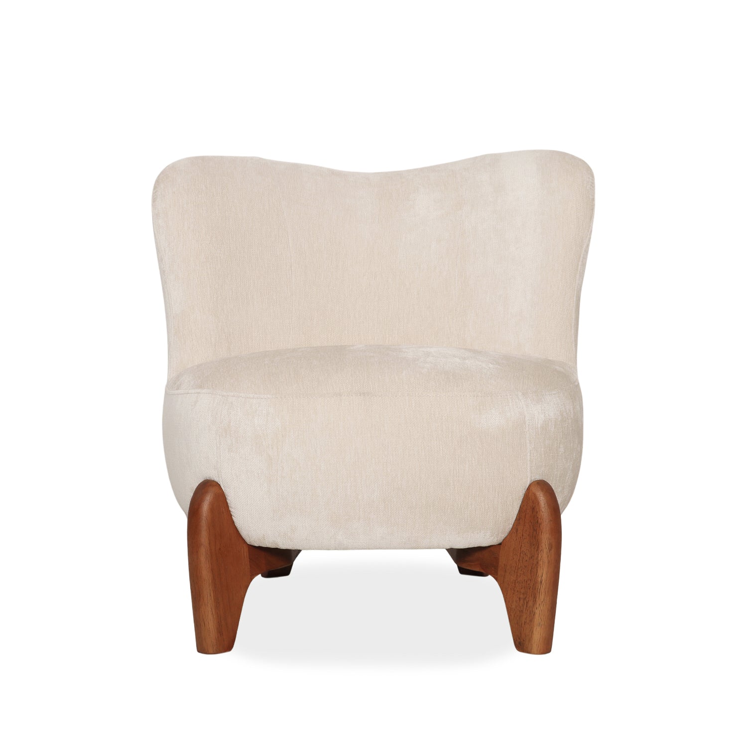 Fauteuil d'appoint sculptural en velours ivoire - Piètement en bois massif