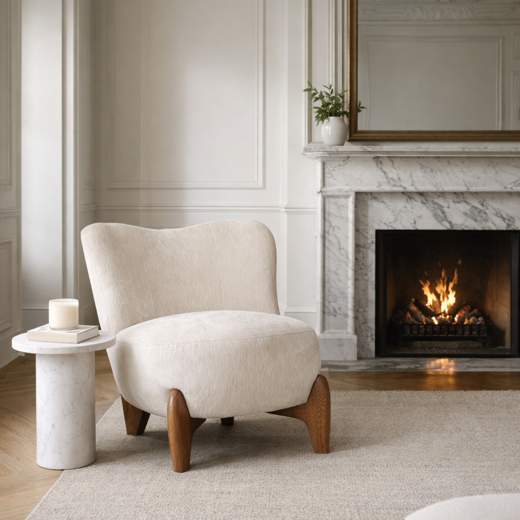 Fauteuil d'appoint sculptural en velours ivoire - Piètement en bois massif
