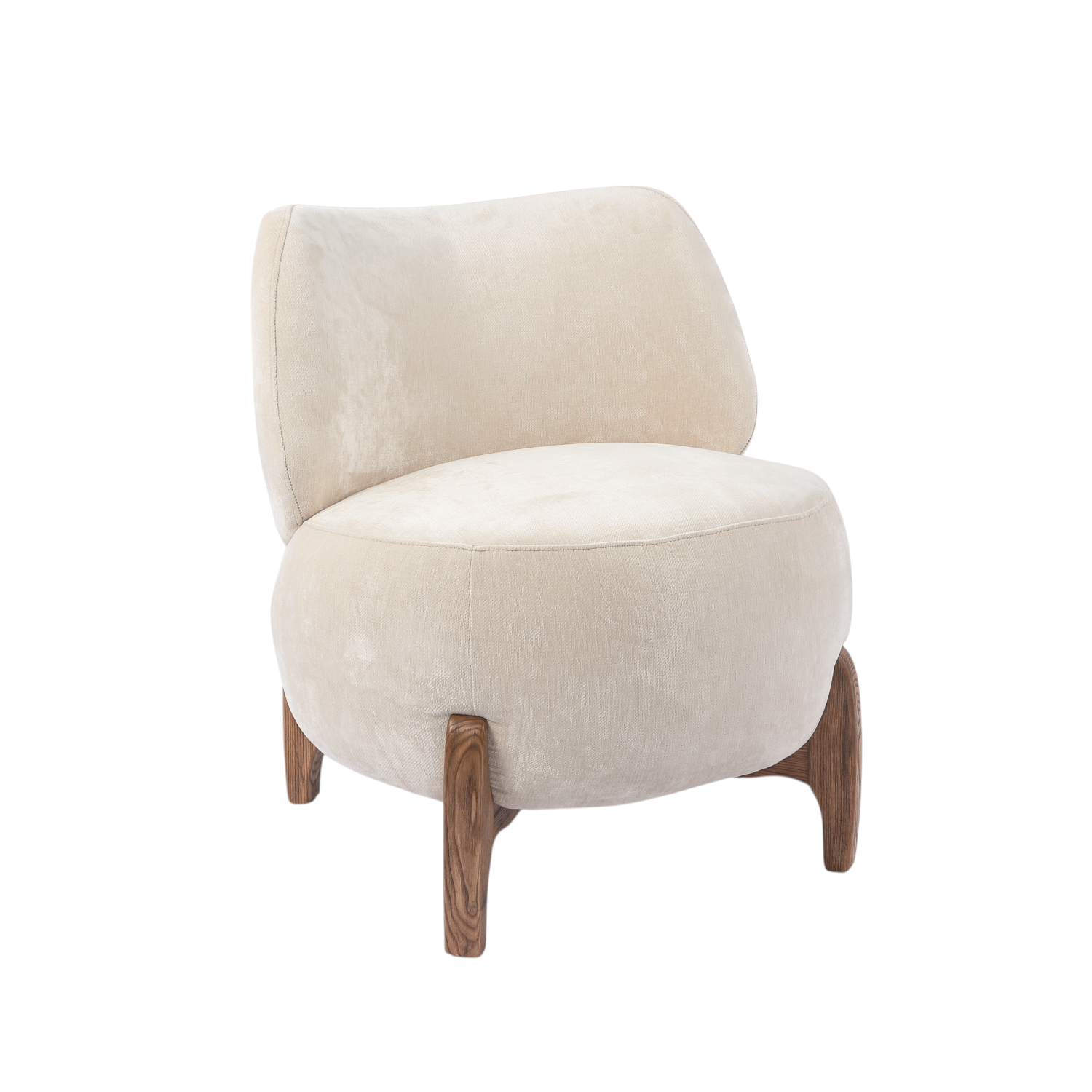 Fauteuil d'appoint arrondi en velours ivoire – Profil bas, base en bois massif