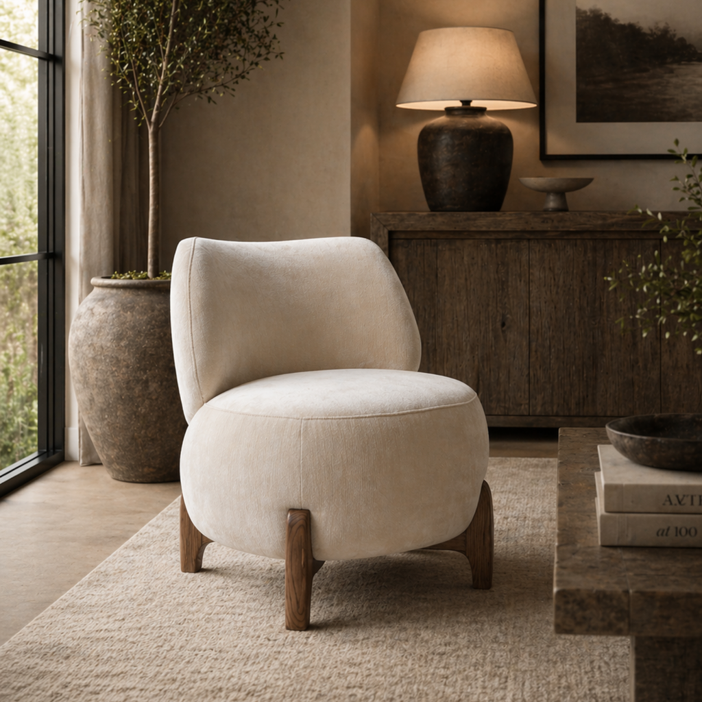 Fauteuil d'appoint arrondi en velours ivoire – Profil bas, base en bois massif