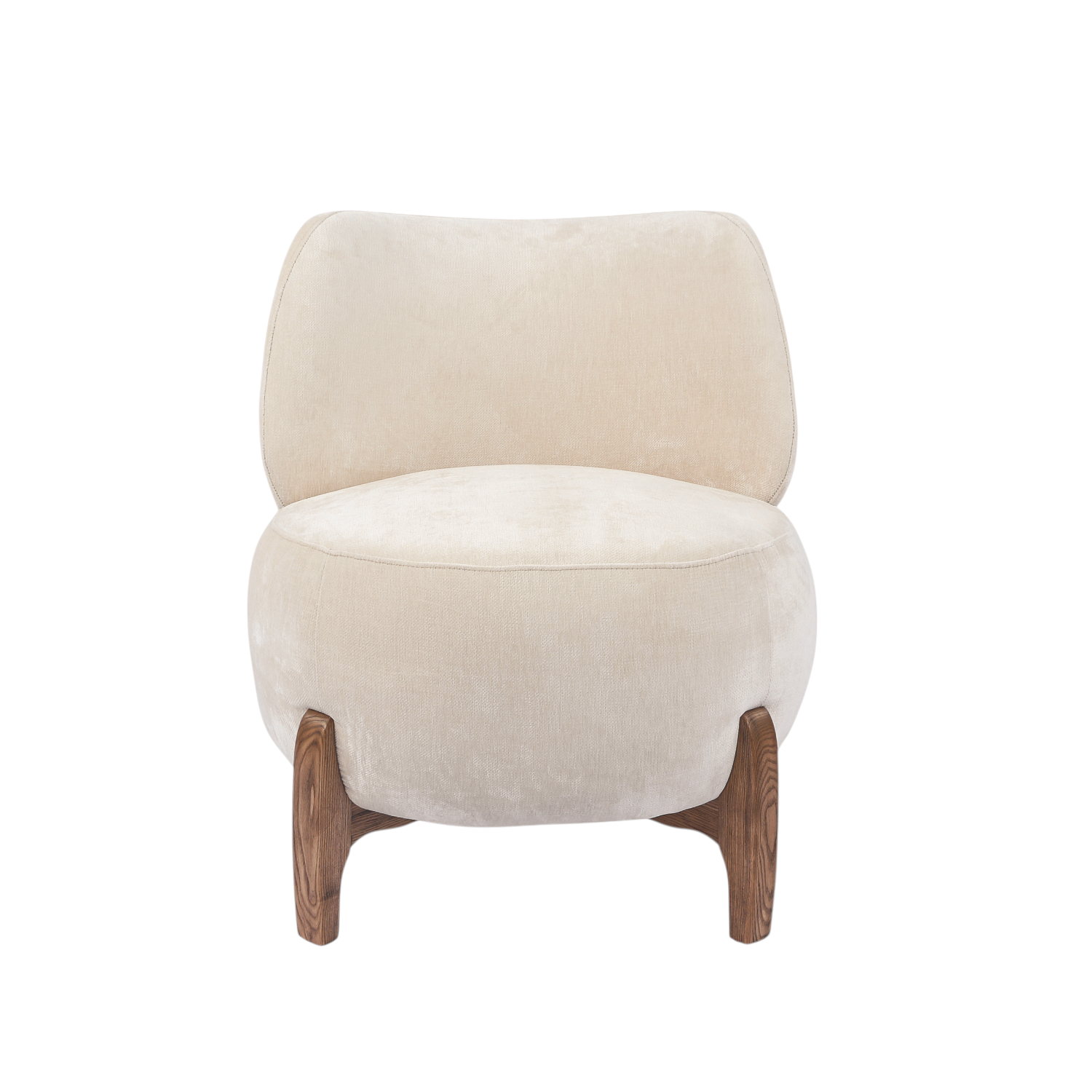 Fauteuil d'appoint arrondi en velours ivoire – Profil bas, base en bois massif