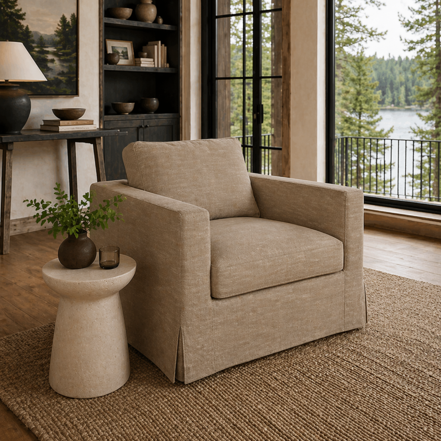 Fauteuil déhoussable en mélange lin marron – Accoudoirs droits, Housse amovible