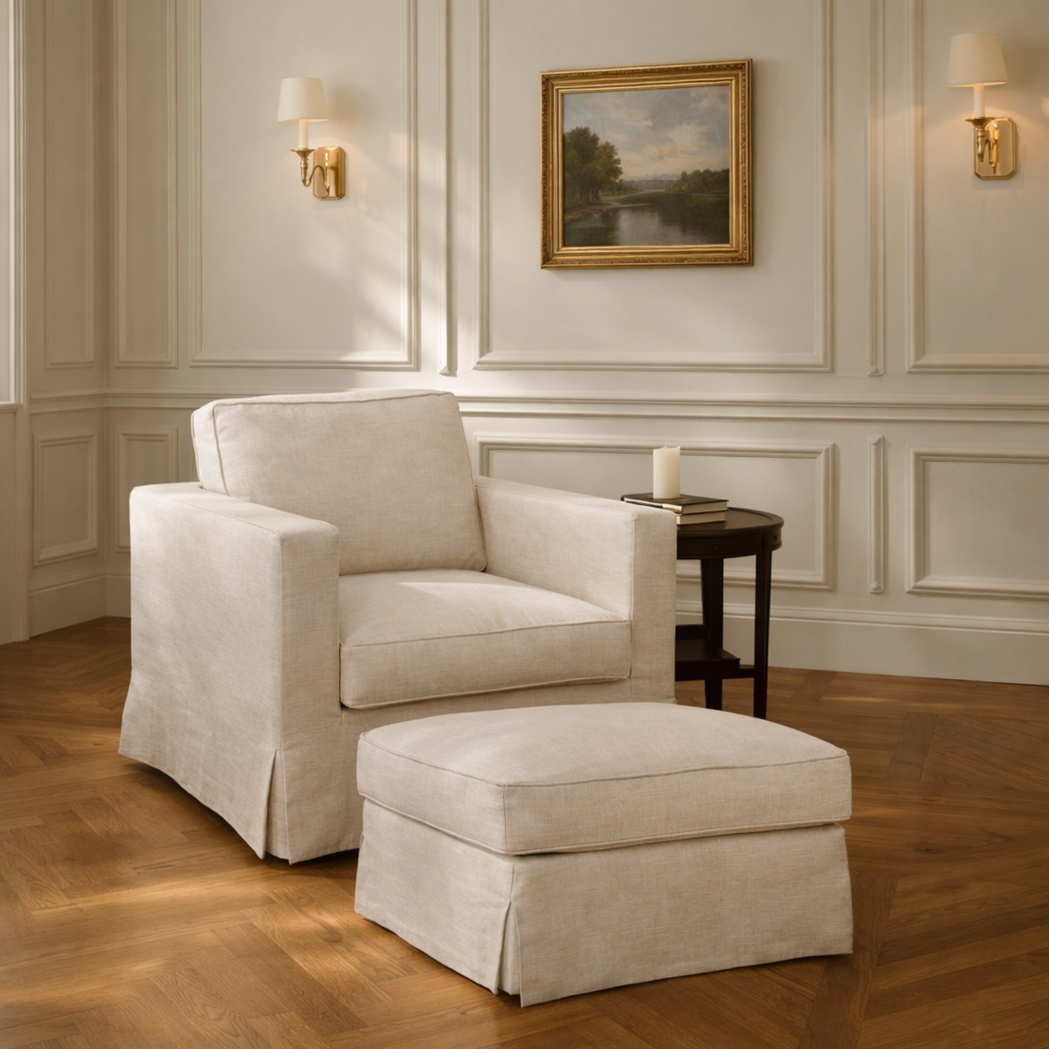 Fauteuil déhoussable en mélange de lin naturel – Accoudoirs droits, housse amovible