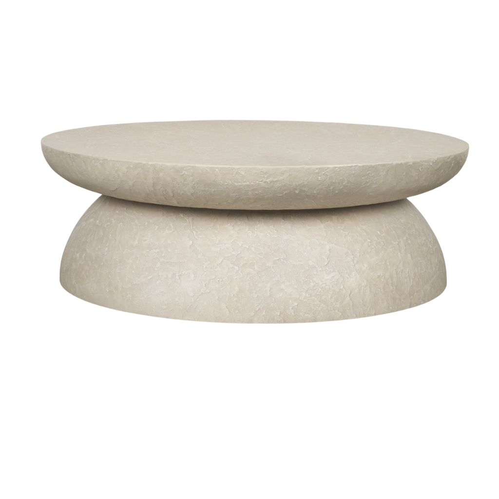 Table basse ronde en béton - Silhouette tambour, finition pierre pâle, intérieur