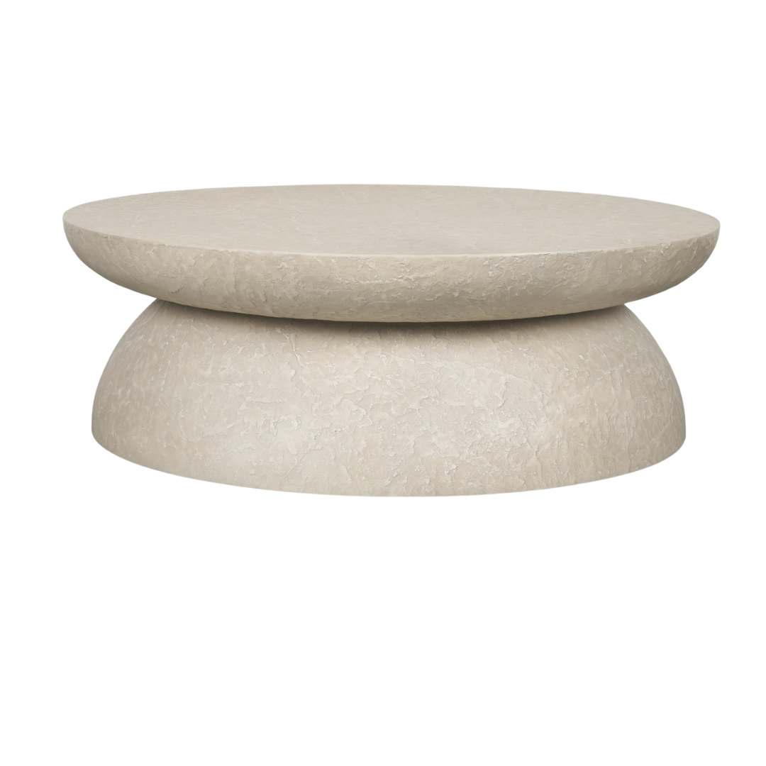 Table basse ronde en béton - Silhouette tambour, finition pierre pâle, intérieur