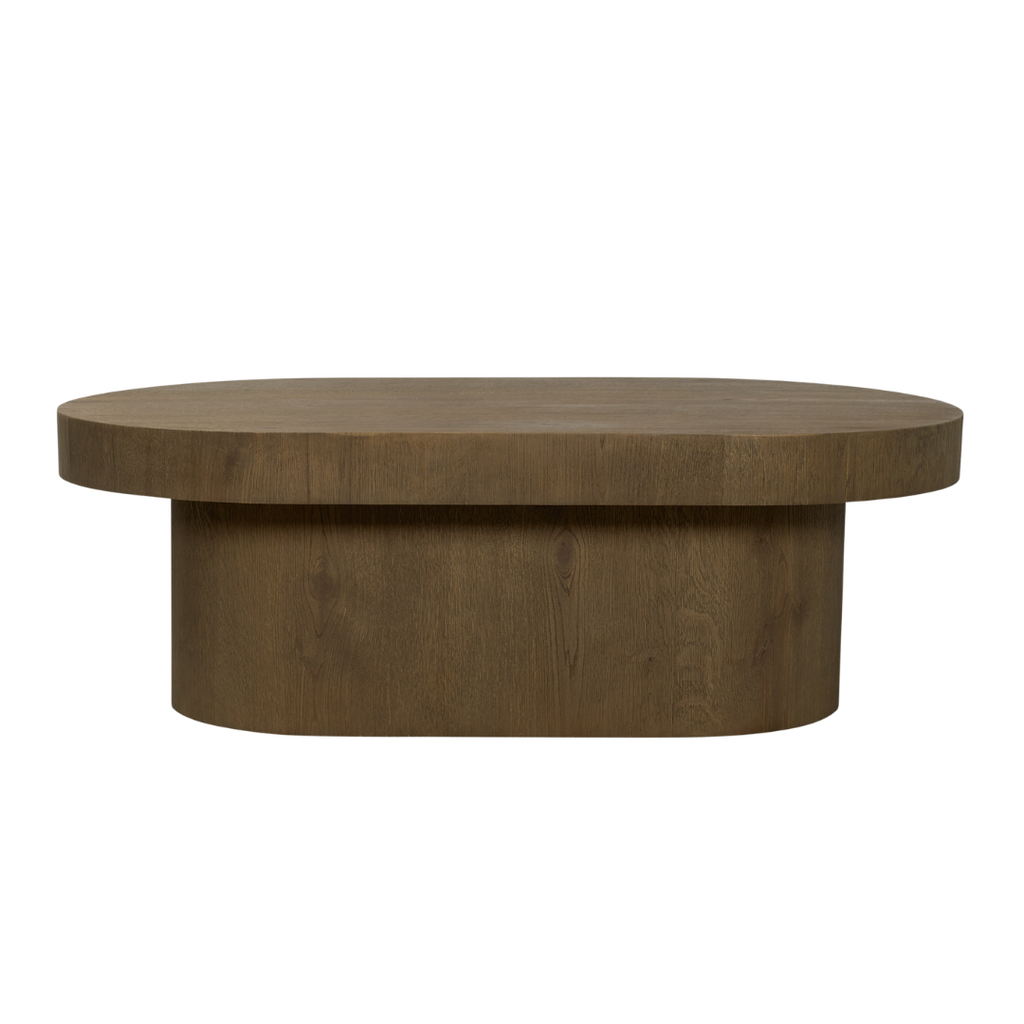Table basse ovale à piédestal en chêne brun moyen - Piétement sculptural