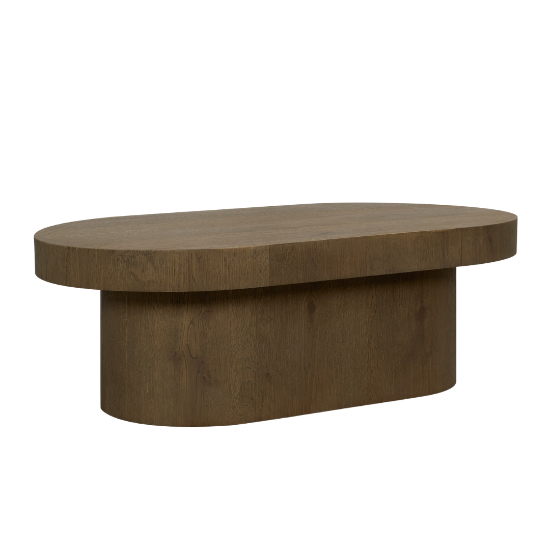 Table basse ovale à piédestal en chêne brun moyen - Piétement sculptural