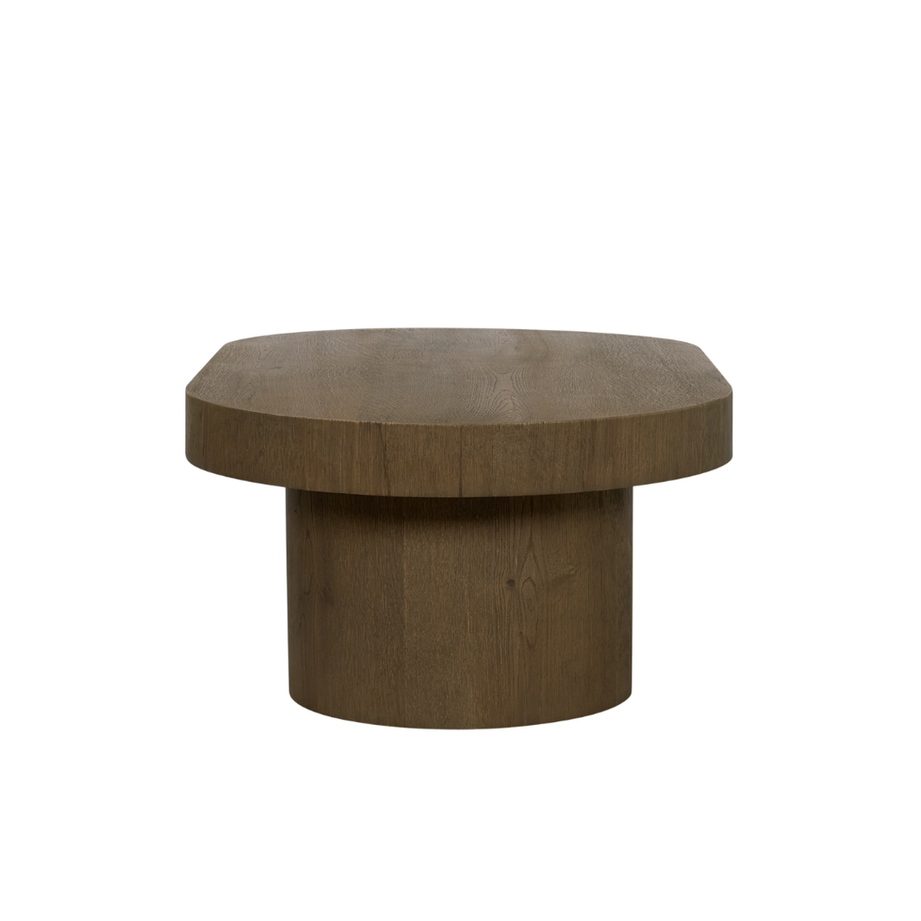 Table basse ovale à piédestal en chêne brun moyen - Piétement sculptural