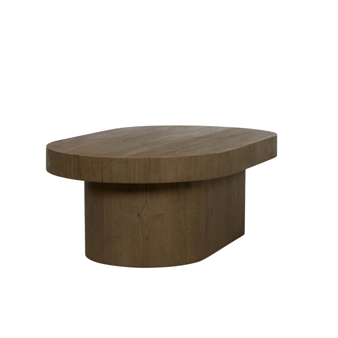 Table basse ovale à piédestal en chêne brun moyen - Piétement sculptural