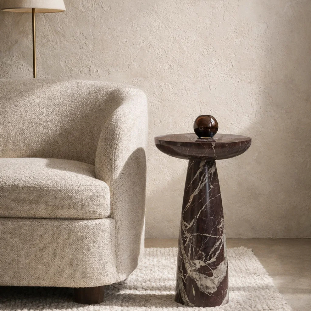 Table d'appoint piédestal en marbre Rouge Rosso - Plateau arrondi, Forme sculpturale