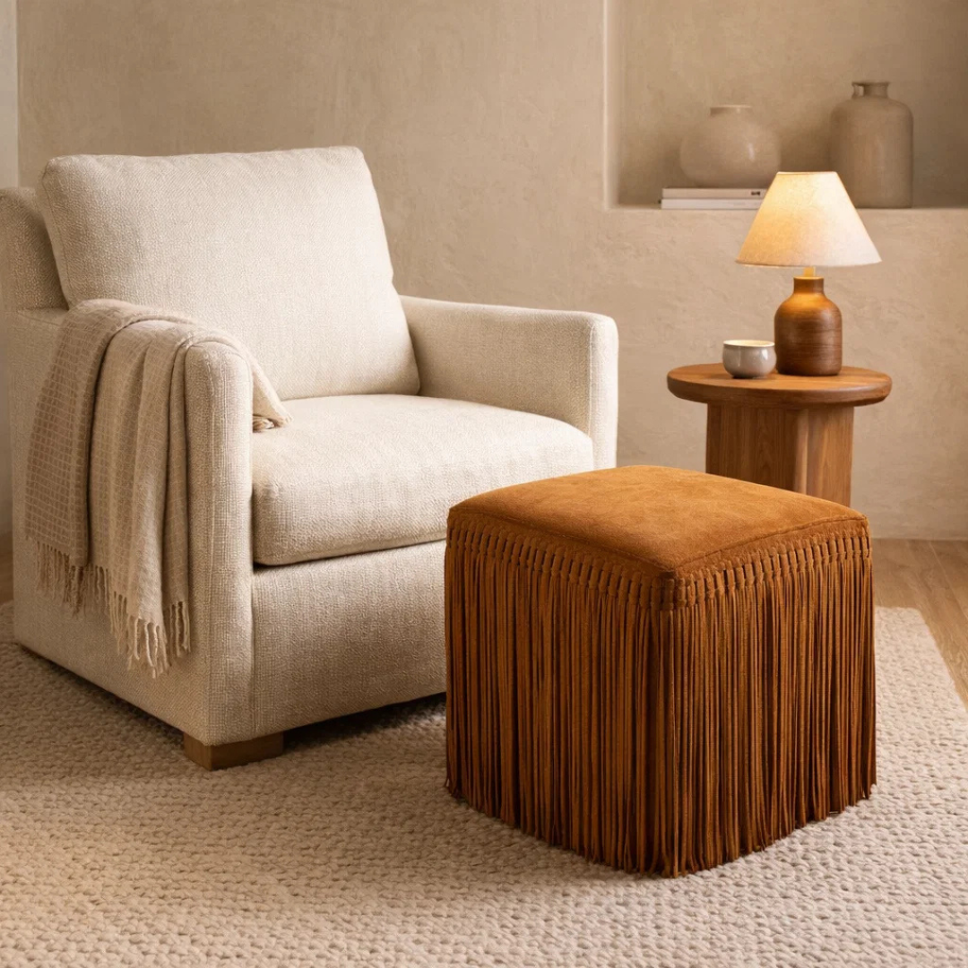 Pouf carré en daim cognac – Détails à franges, structuré