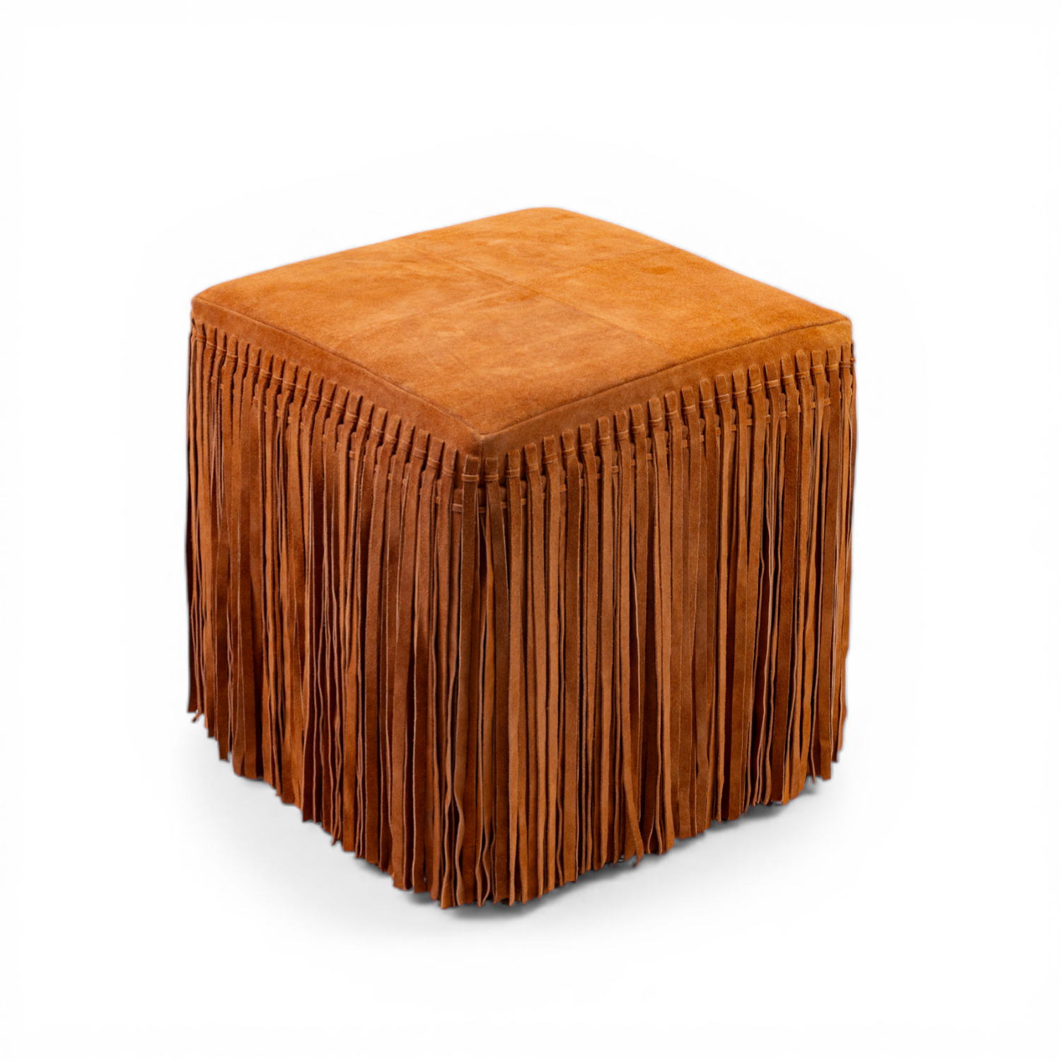 Pouf carré en daim cognac – Détails à franges, structuré