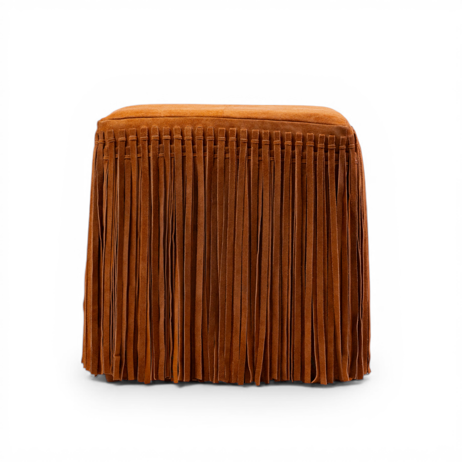 Pouf carré en daim cognac – Détails à franges, structuré