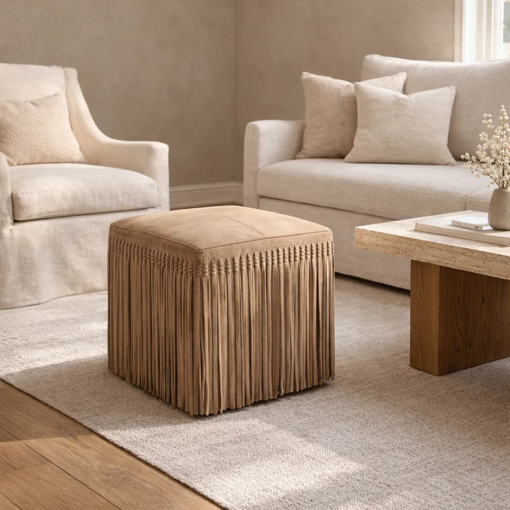 Pouf carré en suède taupe - Détails frangés, structuré