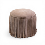 Pouf rond en daim taupe - Détails frangés, Repose-pieds