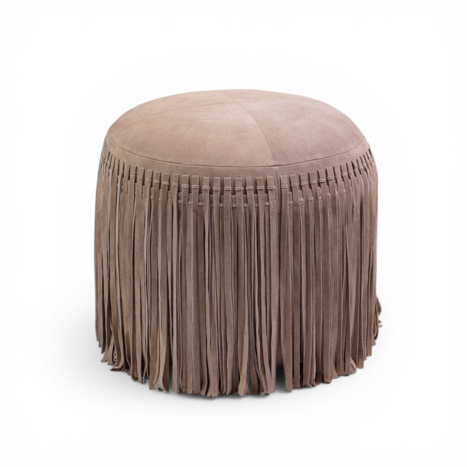 Pouf rond en daim taupe - Détails frangés, Repose-pieds