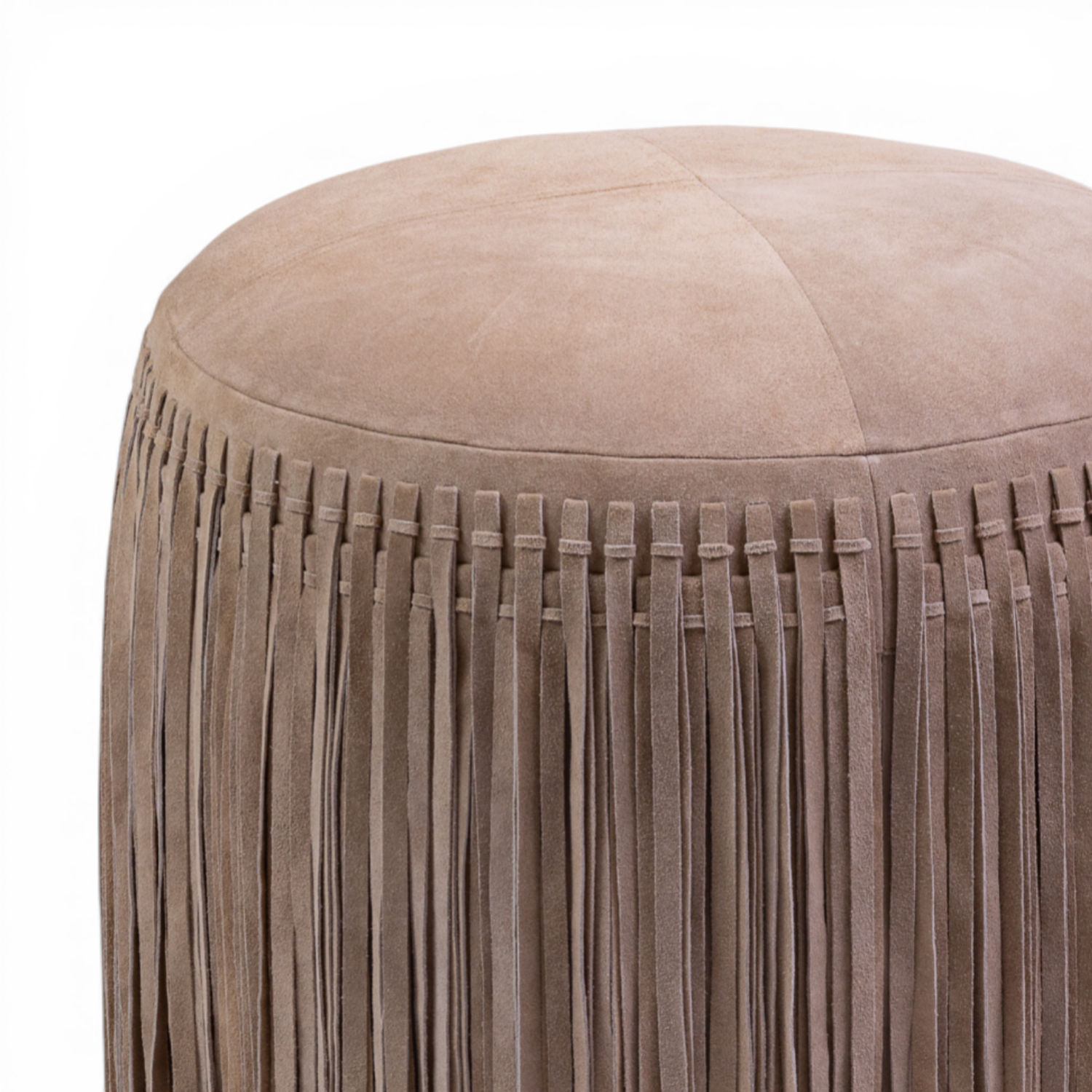 Pouf rond en daim taupe - Détails frangés, Repose-pieds