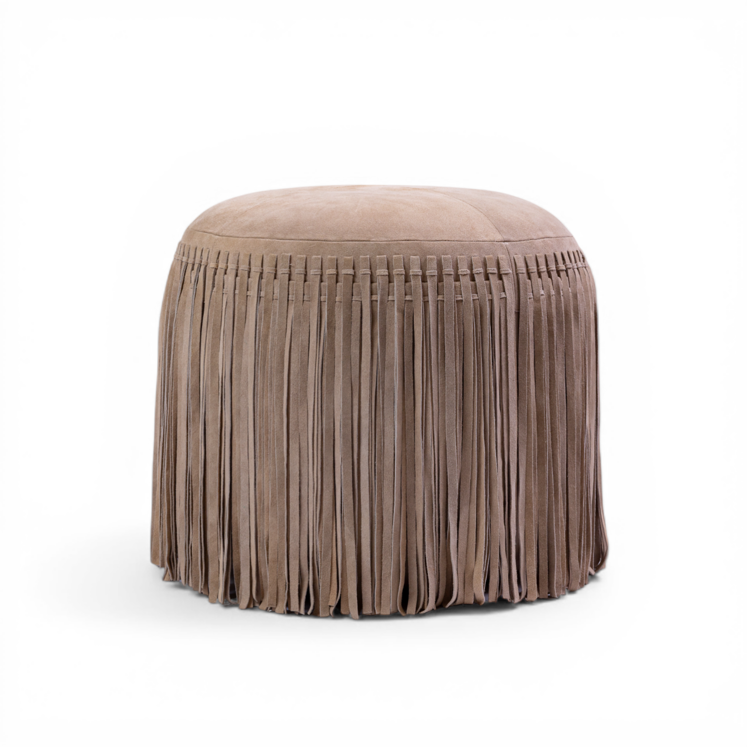 Pouf rond en daim taupe - Détails frangés, Repose-pieds