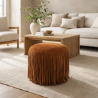 Repose-pieds rond en daim couleur cognac - Détail frangé, repose-pieds