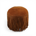 Repose-pieds rond en daim couleur cognac - Détail frangé, repose-pieds