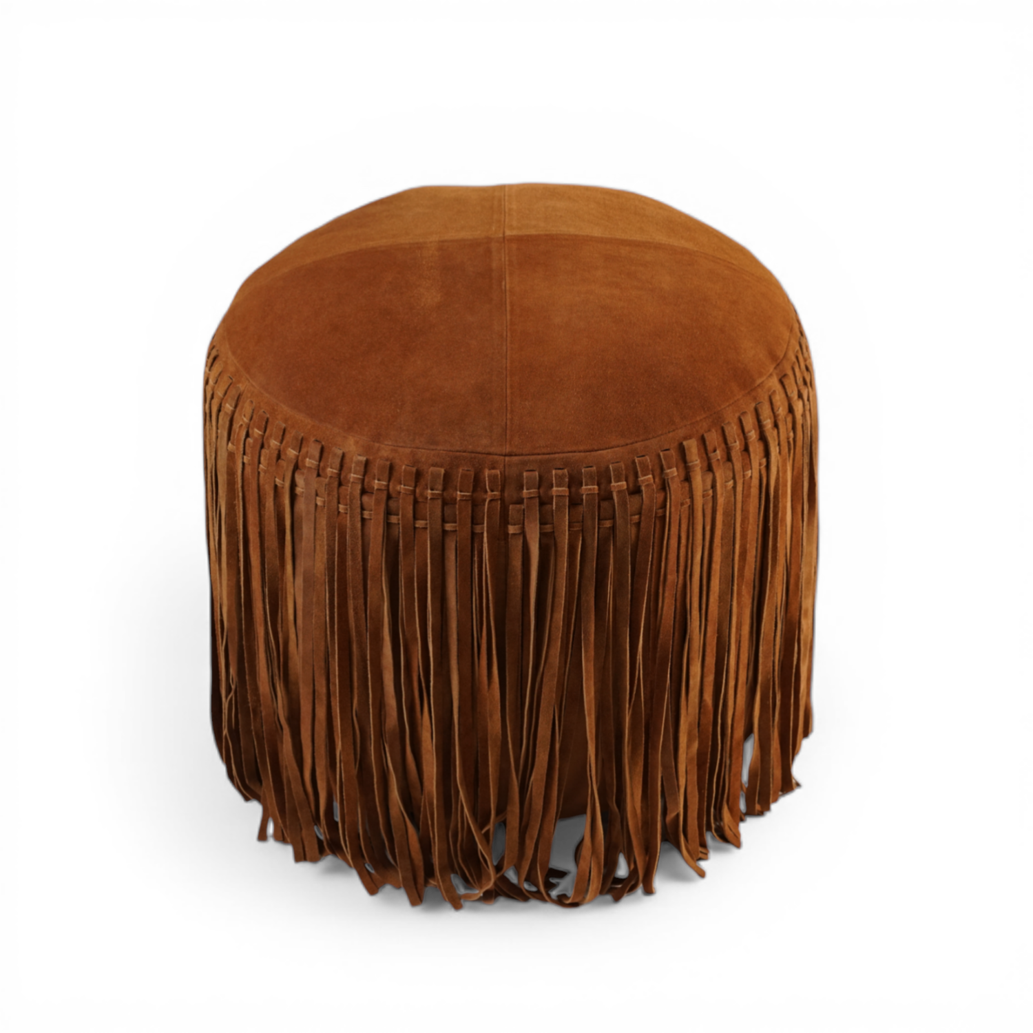 Repose-pieds rond en daim couleur cognac - Détail frangé, repose-pieds