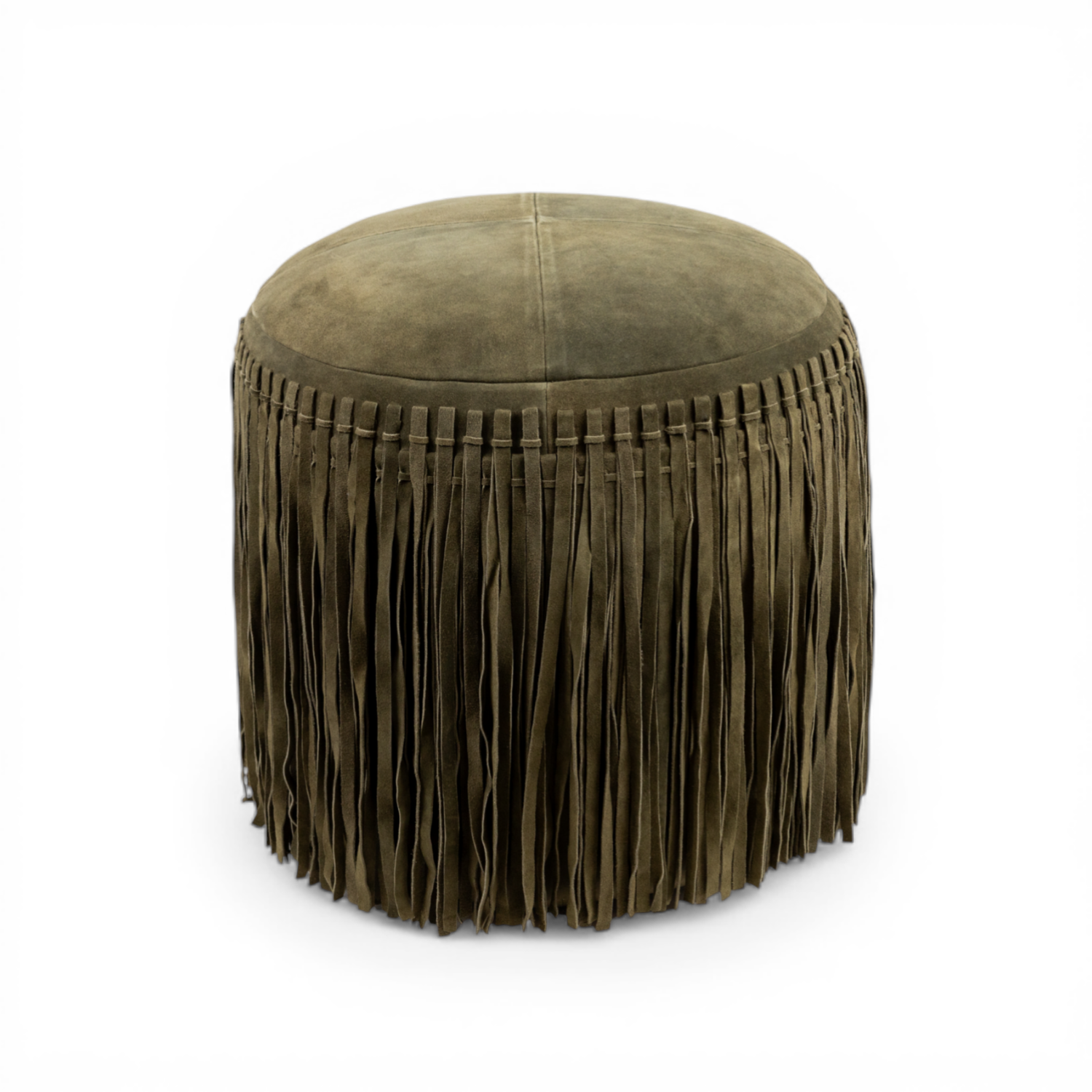 Pouf rond en daim vert forêt - Détails frangés