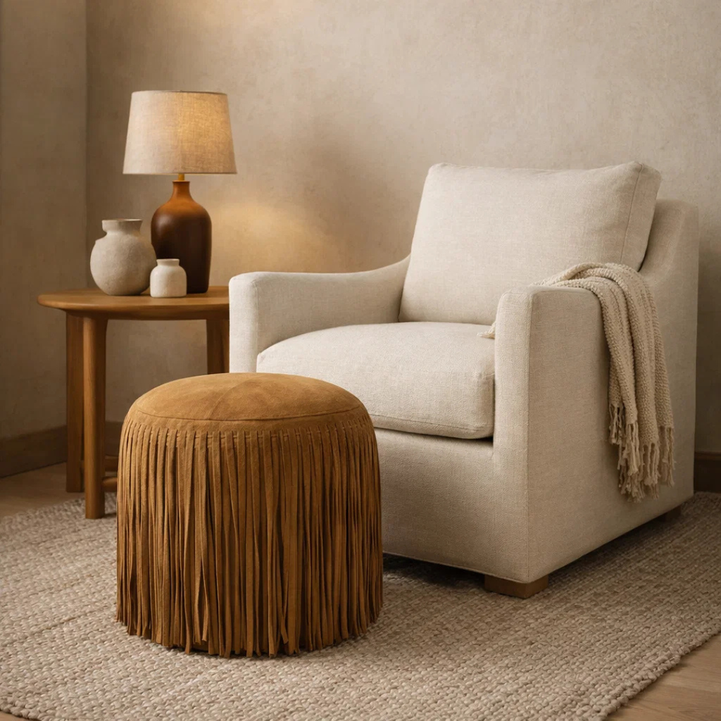 Pouf rond en cuir suédé couleur chameau - Détail franges, Repose-pieds