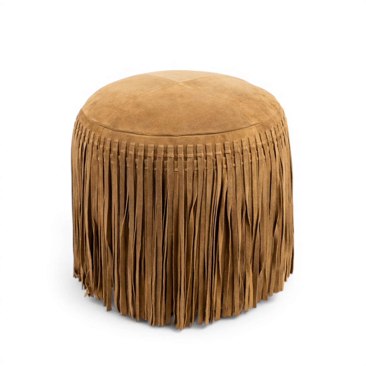 Pouf rond en cuir suédé couleur chameau - Détail franges, Repose-pieds