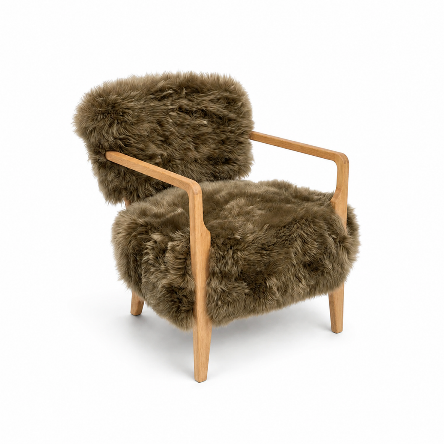 Fauteuil lounge en peau de mouton à poils longs, coloris taupe - Pieds en chêne massif, fabriqué à la main
