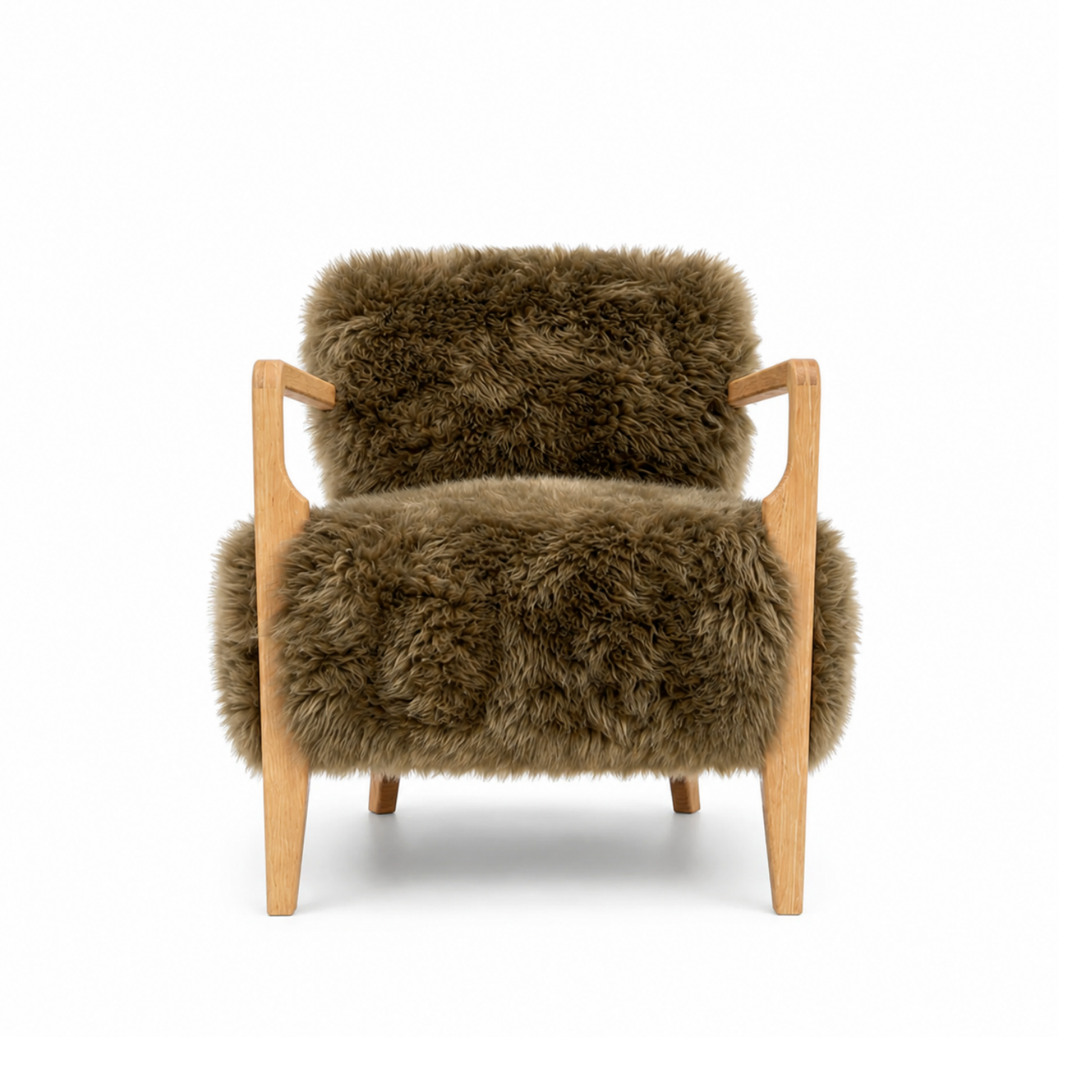 Fauteuil lounge en peau de mouton à poils longs, coloris taupe - Pieds en chêne massif, fabriqué à la main