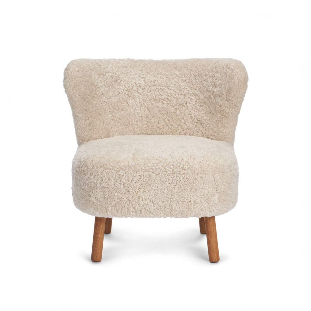 Fauteuil en laine et peau de mouton, coloris perle - Pieds en chêne massif