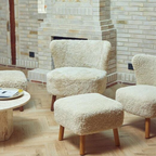 Fauteuil en laine et peau de mouton, coloris perle - Pieds en chêne massif