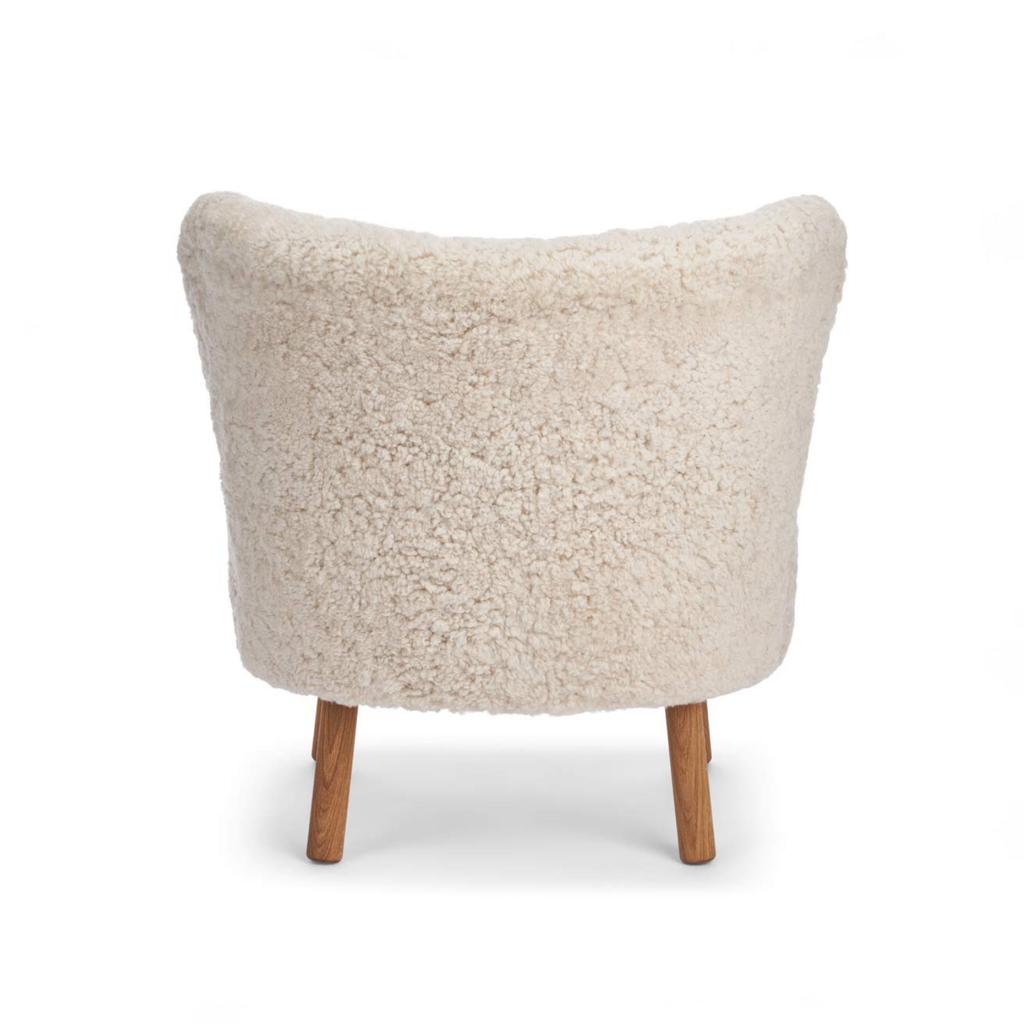 Fauteuil en laine et peau de mouton, coloris perle - Pieds en chêne massif