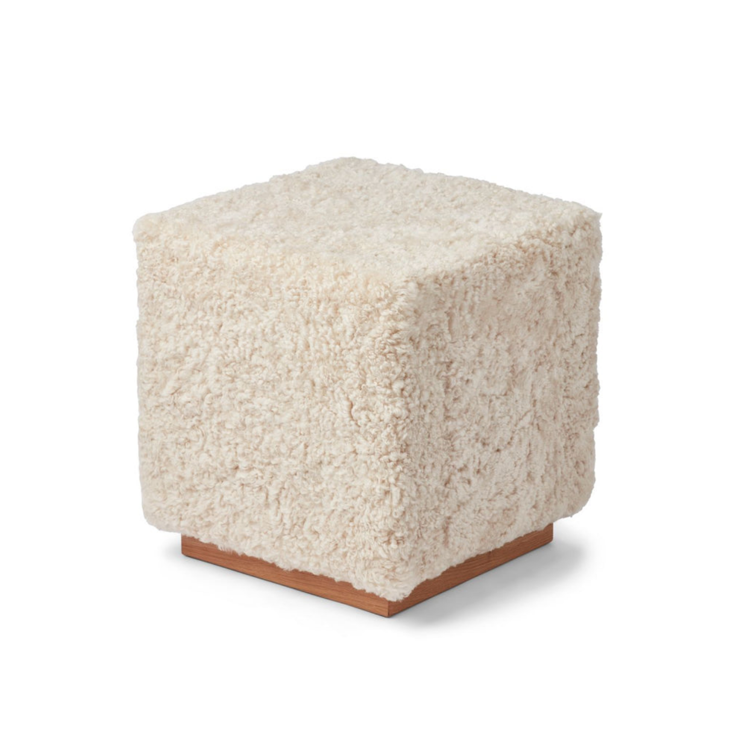 Cube ottoman en peau de mouton de laine coloris Perle - Piètement en chêne massif