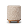 Pouf rond en laine et peau de mouton, coloris Perle - Base en chêne massif