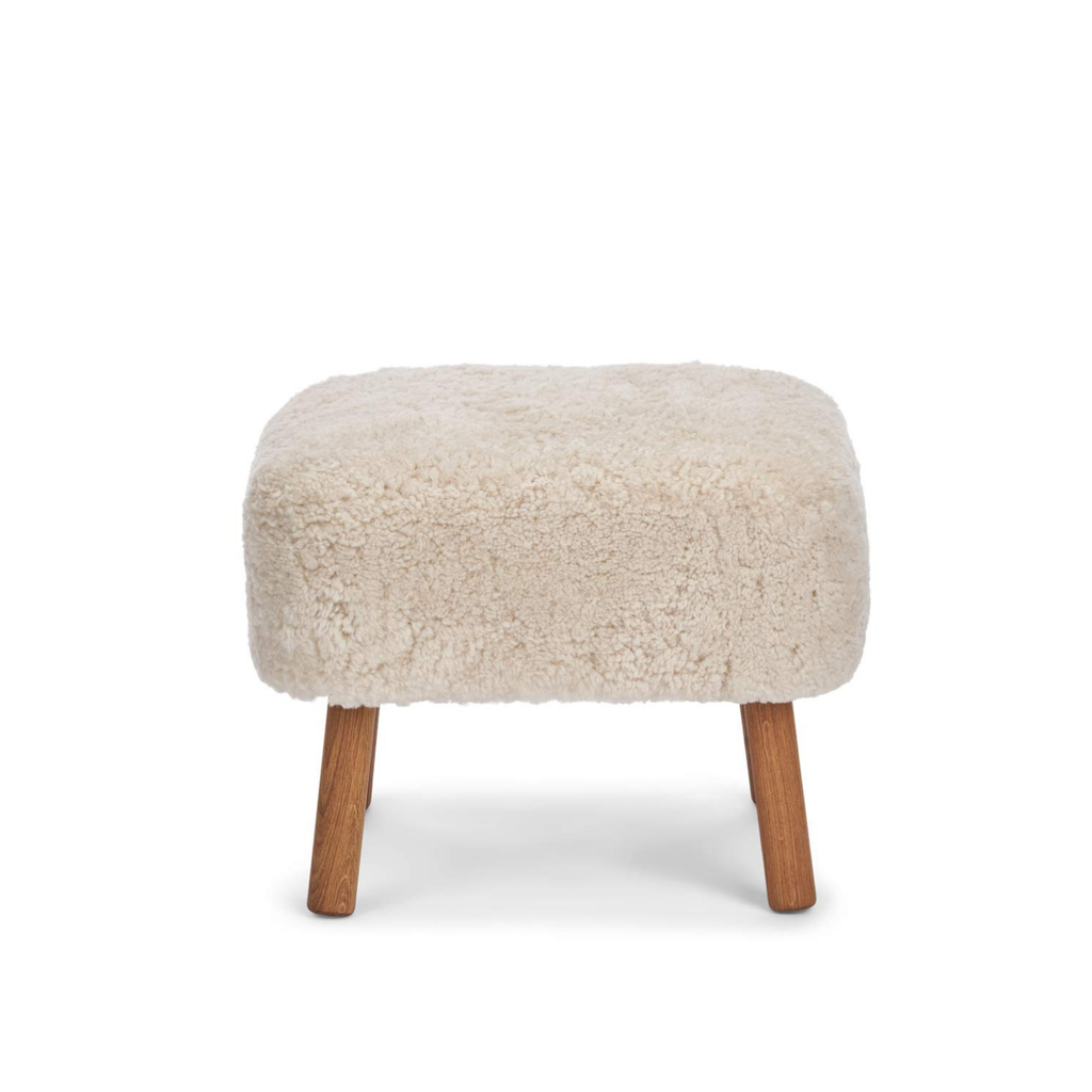 Pouf en peau de mouton de Nouvelle-Zélande coloris perle - Pieds en chêne massif